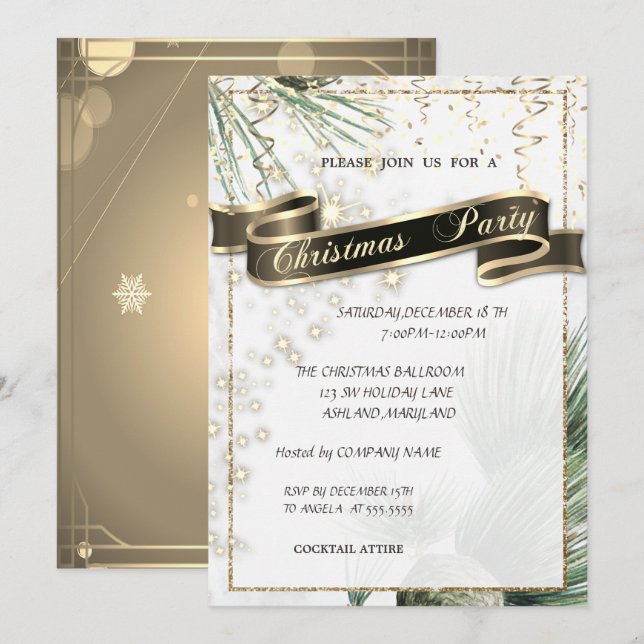Invitation Pine Tree Branches Gold Noël Compagnie Parti (Devant / Derrière)