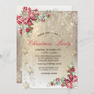 Invitation Pine Tree Branches Snowflakes Gold Party
