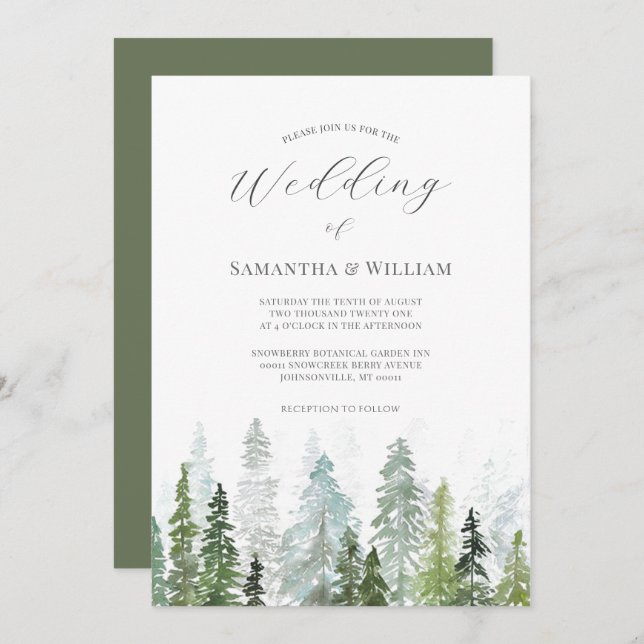 Invitation Pine Tree Forest Russe Aquarelle Mariage à thème (Devant / Derrière)
