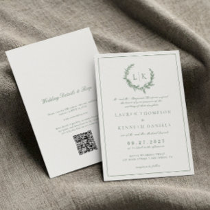 Invitation Pine Tree Wreath Sage vert QR Code Mariage