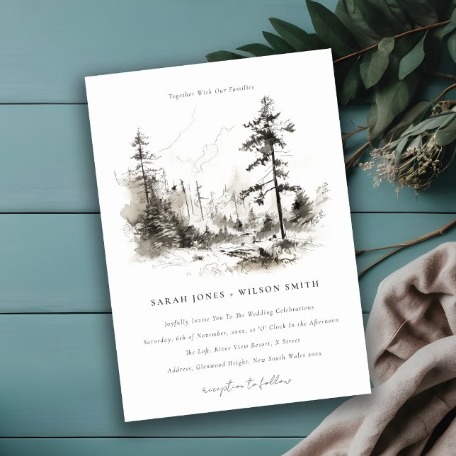 Invitation Pine Woods Mountain Paysage Mariage de croquis (Créateur téléchargé)