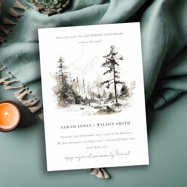 Invitation Pine Woods Paysage Croquis Mariage Anniversaire (Créateur téléchargé)