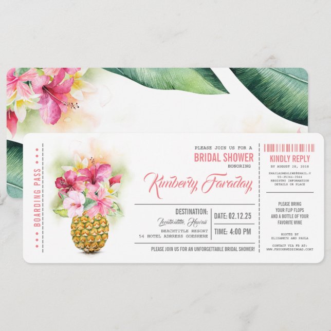 Invitation Pineapple Beach Boarding Pass Fête des mariées de  (Devant / Derrière)