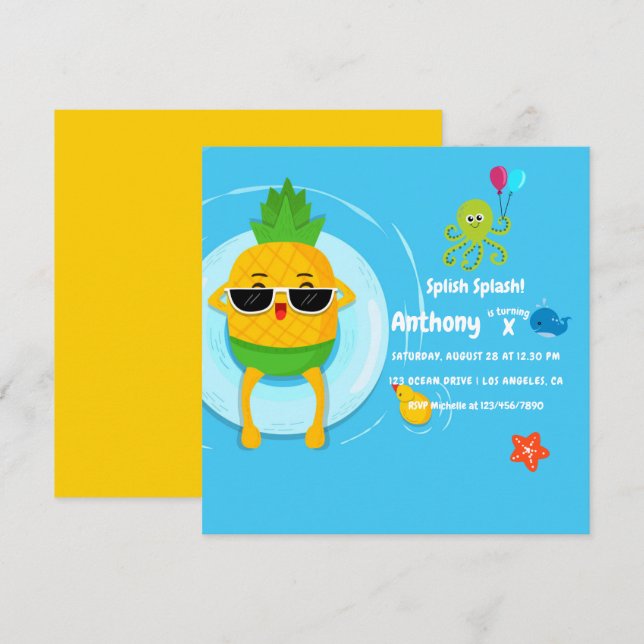 Invitation Pineappy Été Splish Splash Anniversaire de enfant  (Devant / Derrière)