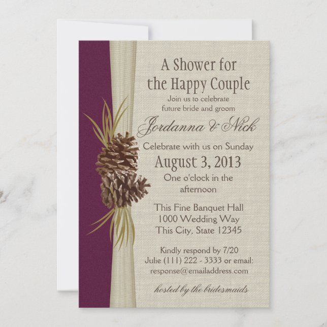 Invitation Pinecone et Burlap Look Douche Couple (Devant)