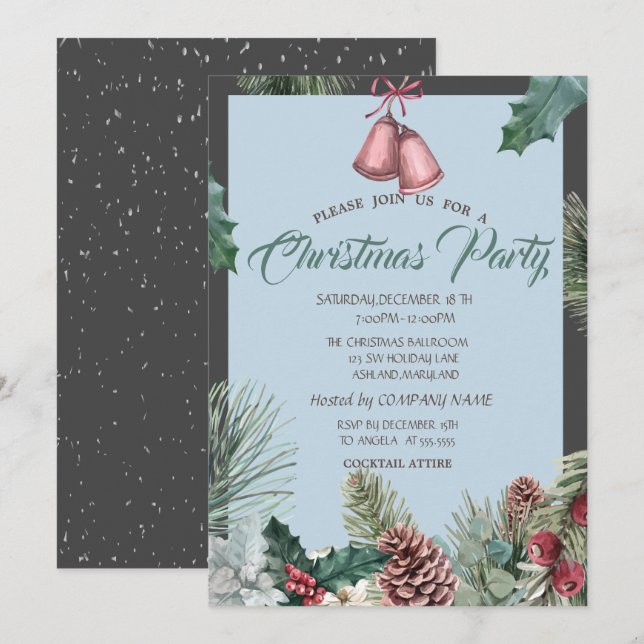 Invitation Pinecones Bell Snow Company Fête de Noël (Devant / Derrière)