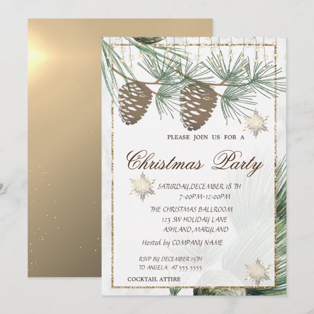 Invitation Pinecones, Snowflakes Gold Christmas Corporated (Devant / Derrière)