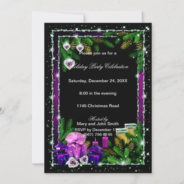 Invitation Pinecones Violets Mangez Boire Soyez Joyeux Noël (Devant)