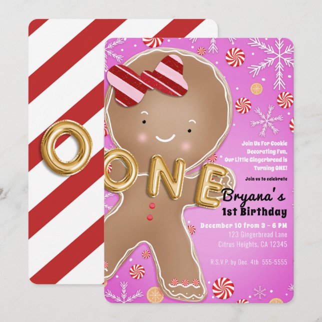 Invitation Pingerbread Pink Pepperment Homme UN 1er anniversa (Devant / Derrière)