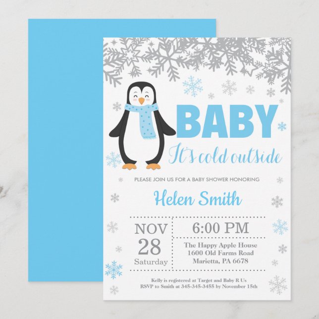 Invitation Pingin Winter Blue Boy Baby shower Flocon de neige (Devant / Derrière)