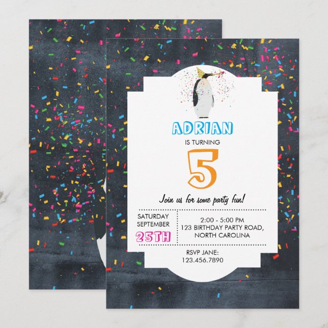 Invitation Pingouin - Animaux Fête Garçon Fille Anniversaire (Devant / Derrière)