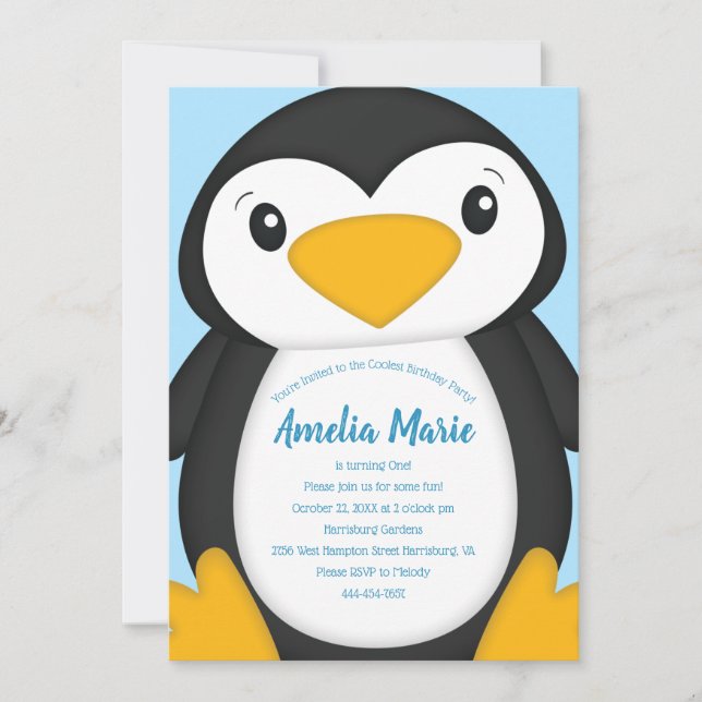 Invitation Pingouin Anniversaire Bleu (Devant)