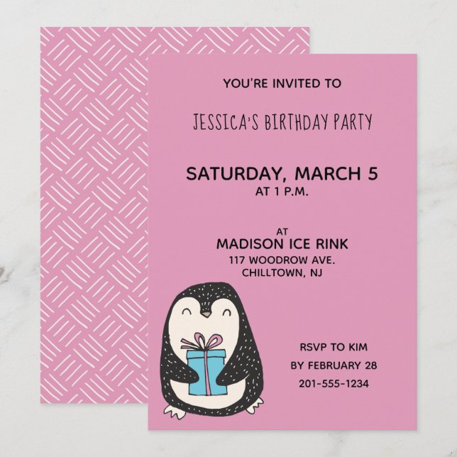 Invitation Pingouin avec un cadeau d'anniversaire personnalis (Devant / Derrière)