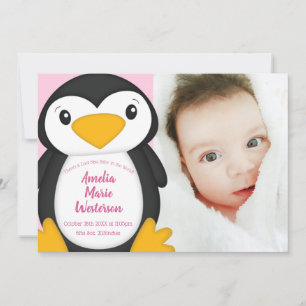Invitation Pingouin Baby shower fille rose