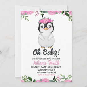 Invitation Pingouin Baby shower Floral rose noir