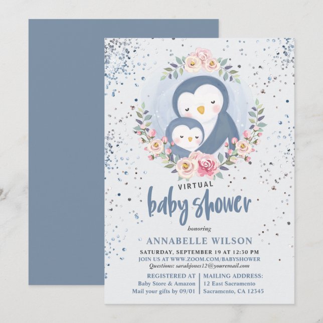 Invitation Pingouin bébé bébé douche virtuelle (Devant / Derrière)