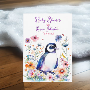 Invitation Pingouin bébé en fleurs Baby shower de fille