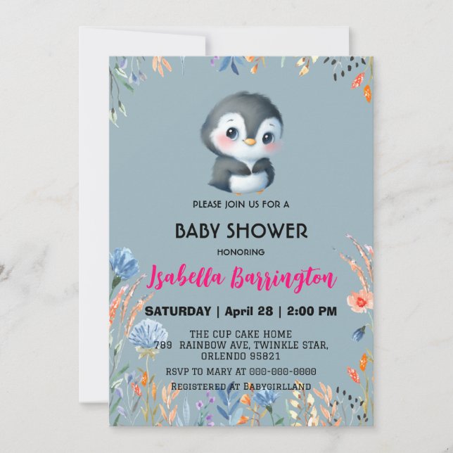 Invitation Pingouin bleu mou fleur douce baby shower enfants (Devant)
