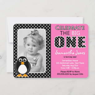 Invitation Pingouin Cute Premier Anniversaire Pink