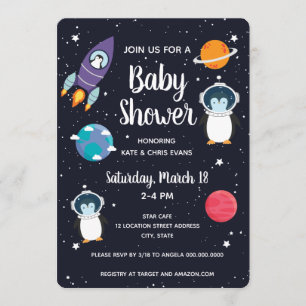 Invitation Pingouin dans le Baby shower spatial Galaxy