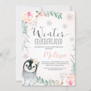 Invitation Pingouin d'argent floral hiver Onederland Annivers