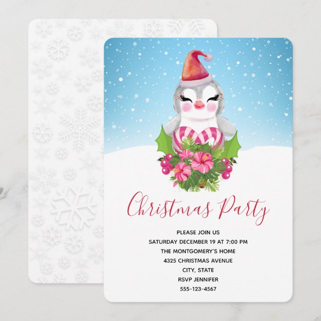 Invitation Pingouin de Noël mignon à la fête de Santa Hat (Devant / Derrière)