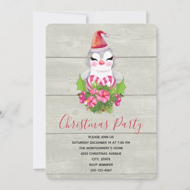 Invitation Pingouin de Noël mignon à la fête de Santa Hat (Devant)
