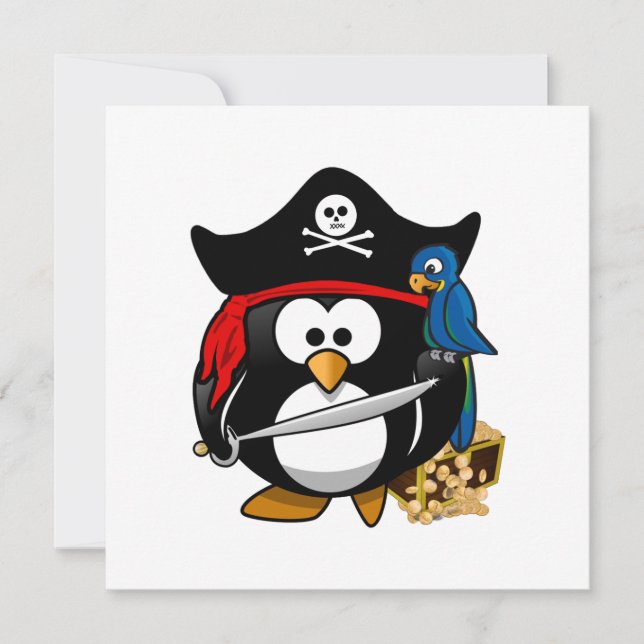 Invitation Pingouin de pirate mignon avec coffre au trésor (Devant)