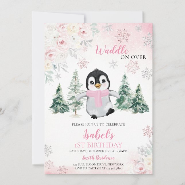 Invitation Pingouin d'hiver rose fête d'anniversaire (Devant)