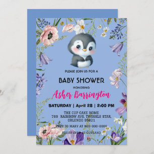 Invitation Pingouin doux mignon baby shower de fleurs rustiqu
