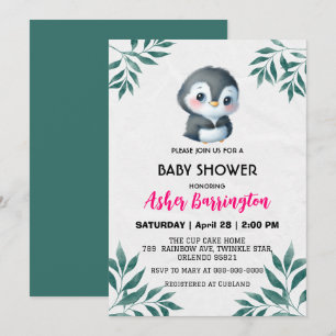 Invitation Pingouin doux printemps Feuille baby showers enfan