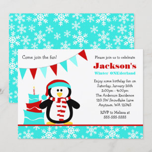 Invitation Pingouin Flamme de neige Turquoise hiver Onederlan