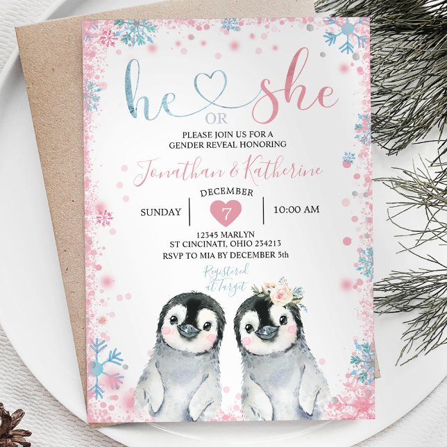 Invitation Pingouin Genre Révéler Il ou Elle Snowflakes d'hiv (Créateur téléchargé)