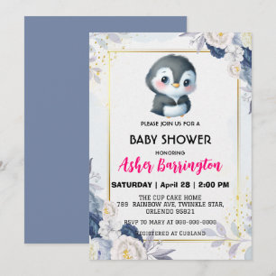 Invitation Pingouin Gold Cute baby shower de fleurs bleu enfa