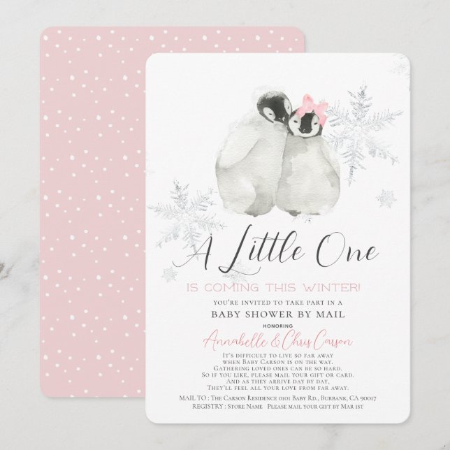 Invitation Pingouin Hiver Flocon de neige rose Baby shower pa (Devant / Derrière)
