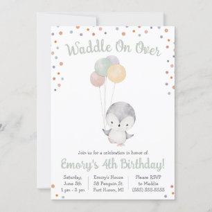 Invitation Pingouin mignon avec ballons fête d'anniversaire