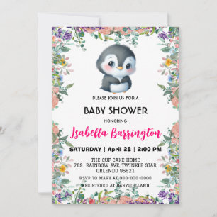 Invitation Pingouin mignon fleur coloré doux baby shower enfa