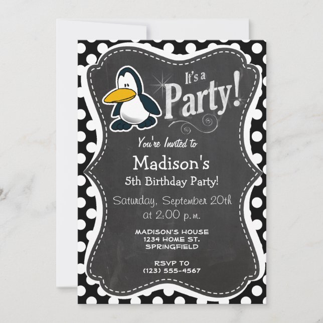 Invitation Pingouin mignon sur Pois noir et blanc (Devant)