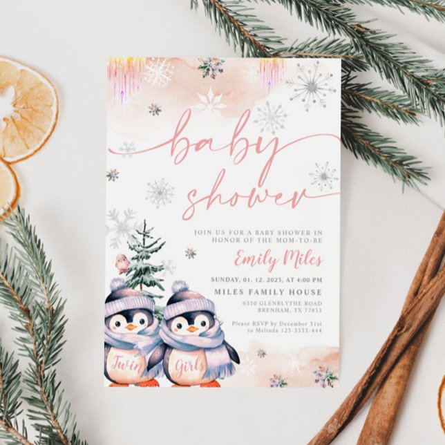Invitation Pingouin rose et bleu d'hiver Baby shower Twins (Créateur téléchargé)