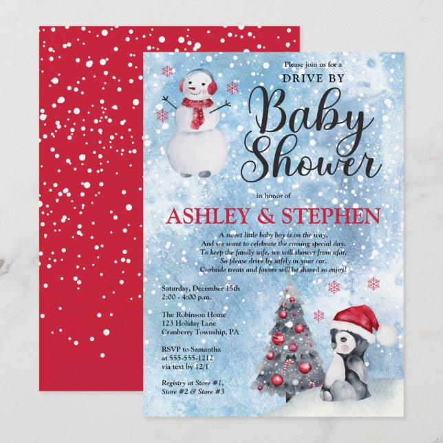 Invitation Pingouin | Snowman Winter Drive By Boy Baby shower (Devant / Derrière)