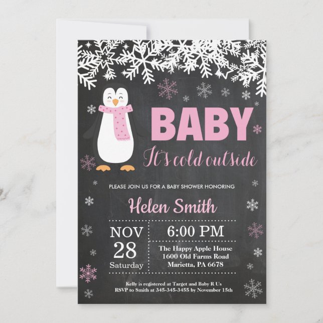 Invitation Pingouin Winter Girl Baby shower Chalkboard (Devant)