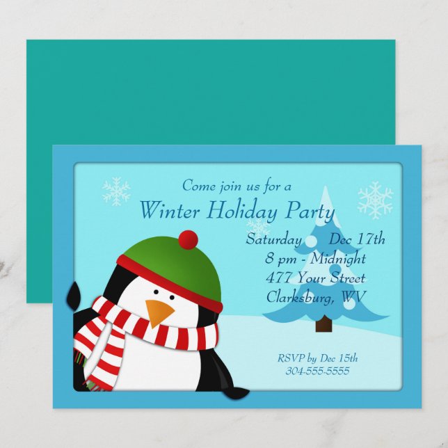 Invitation Pingouin Winter Holiday (Devant / Derrière)