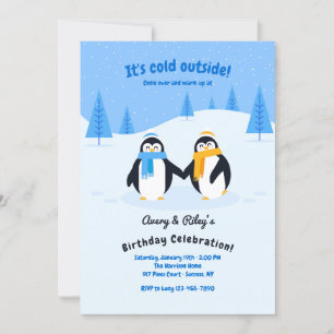 Invitation Pingouins à la fête d'anniversaire de la neige