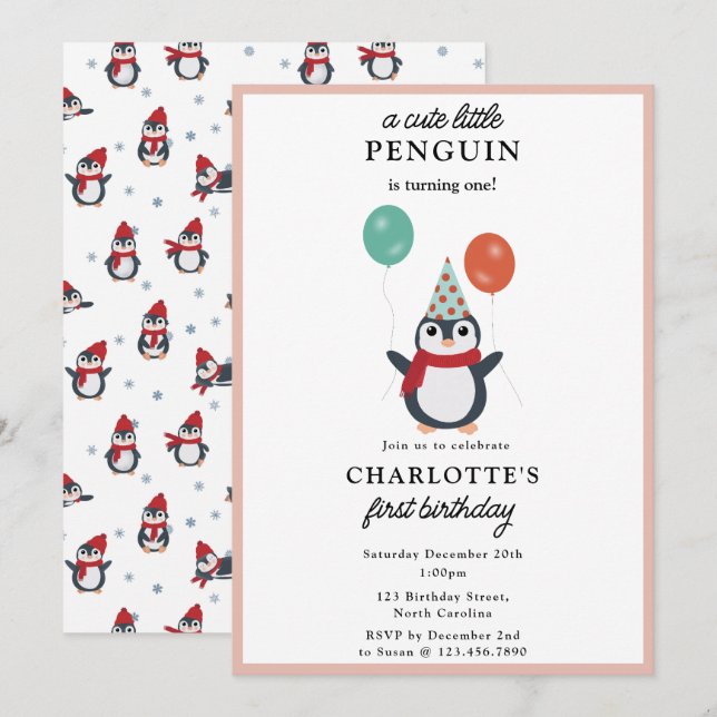Invitation Pingouins d'hiver Enfants Fille Animaux Anniversai (Devant / Derrière)