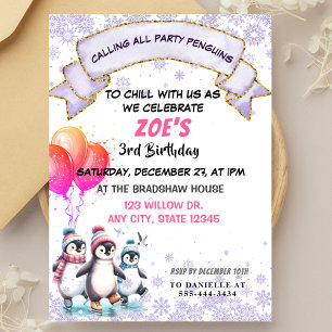 Invitation Pingouins pourpres Patinage sur glace Anniversaire