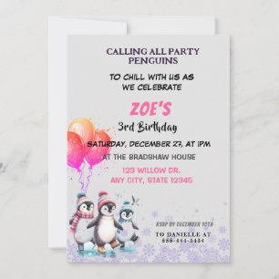 Invitation Pingouins pourpres Patinage sur glace Anniversaire