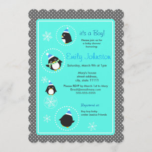 Invitation Pingouins ronds garçon baby shower 5 x 7 invitatio