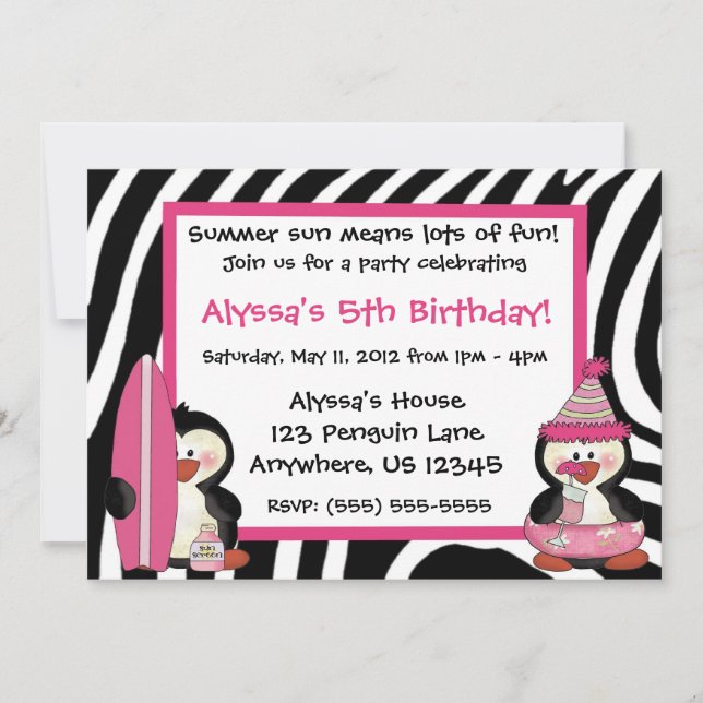 Invitation Pingouins Zebra Imprimer Les Filles d'Anniversaire (Devant)