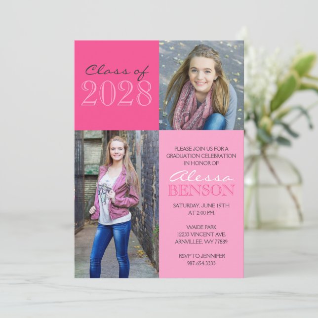Invitation Pink 2 Toned Classic 2 Photo Graduation (Debout devant)