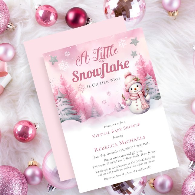 Invitation Pink A Little Snowflake Girl Baby shower virtuel (A Little Snowflake Pink Winter Snow Girl Virtual Baby Shower)